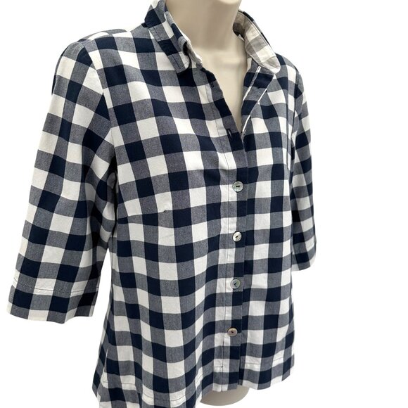 Haldora Rhinebeck New York Womens Navy White Checkered Abalone Button Up Shirt S - Picture 2 of 7